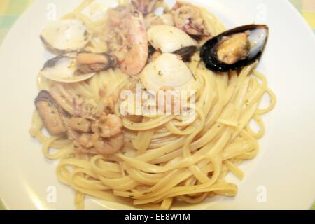 pasta spaghetti  with shrimp, mussels and clams Stock Photo