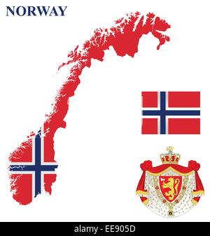 Flag and coat of arms of the Kingdom of Norway overlaid on detailed outline country map isolated on white background Stock Photo