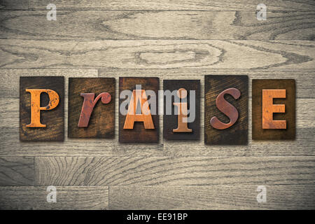 The word 'PRAISE' written in wooden letterpress type. Stock Photo