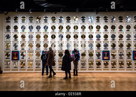 Museum display of wall of gold records at the Country Music Hall of Fame in Nashville, TN. Stock Photo