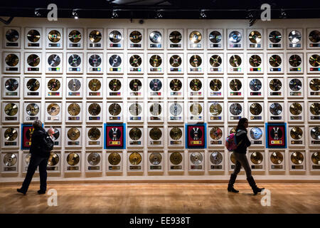 Museum display of wall of gold records at the Country Music Hall of Fame in Nashville, TN. Stock Photo