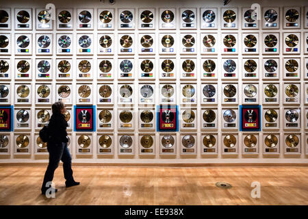 Museum display of wall of gold records at the Country Music Hall of Fame in Nashville, TN. Stock Photo