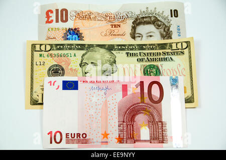 Pounds, Dollars and Euro notes. Stock Photo
