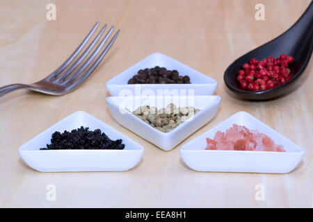 Variety of peppercorns and salt Stock Photo