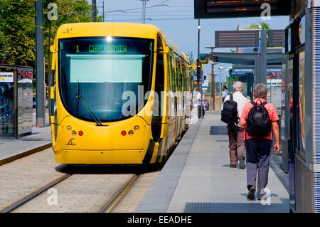 Mulhouse, Alsace, France. Tram no 1 at tram stop Stock Photo