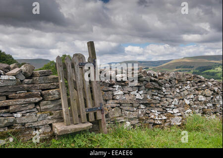 Stile and gate in a drystone wall on a public footpath near Burtersett, Hawes, North Yorkshire, UK. Stock Photo