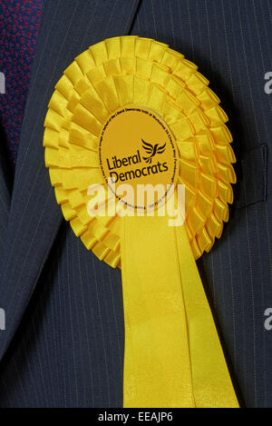 Close up of a Liberal Democrat election 2015 rosette on a candidate's suit jacket Stock Photo