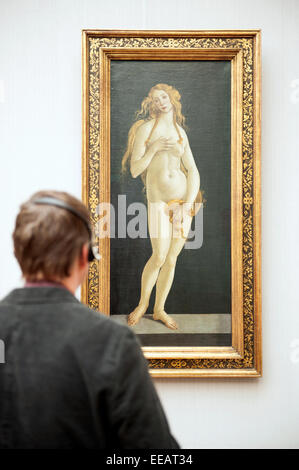 Berlin, Germany. 15th Jan, 2015. A visitor looks at the painting 'Venus' from Sandro Botticelli from 1490 during at the press conference on the exhibition 'The Botticelli Renaissance' in the Botticelli room at the Gemaeldegalerie in Berlin, Germany, 15 January 2015. The collaborative show, planned by Berlin and London and with more than 130 objects, can be seen at the Gemaeldegalerie from 24 September 2015 to 24 January 2016. Photo: FELIX ZAHN/dpa/Alamy Live News Stock Photo