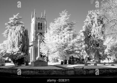 Infrared image in black and white of St Andrew's Church, Rippingale, Lincolnshire, UK taken on a sunny day with the sun shining Stock Photo