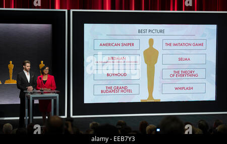 Los Angeles, USA. 15th Jan, 2015. Actor Chris Pine (L) and Academy of Motion Picture Arts and Sciences President Cheryl Boone Isaacs (R) announce the nominees for Best Picture during the nominations announcement for the 87th Academy Awards in Beverly Hills, California, the United States, Jan. 15, 2015. Credit:  Yang Lei/Xinhua/Alamy Live News Stock Photo