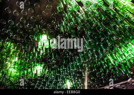 bottles of cider as decoration on a typical bar in Gijon, Asturias, Spain Stock Photo