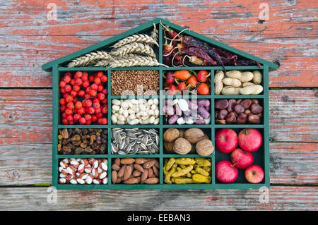 various vegetarian healthy fruits, seeds and dried food ingredient  in wooden box Stock Photo
