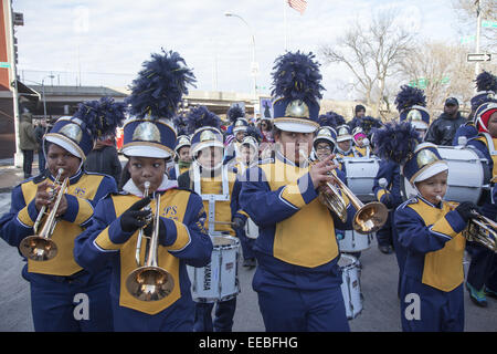 Elementary school marching band  in the annual Three Kings Day Parade in Williamsburg, Brooklyn, NY Stock Photo