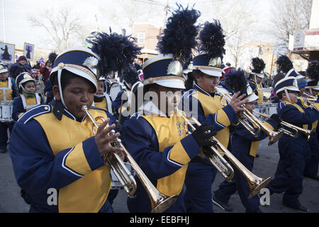 Elementary school marching band  in the annual Three Kings Day Parade in Williamsburg, Brooklyn, NY Stock Photo