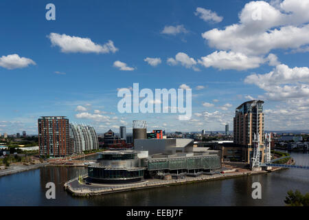 England, Greater Manchester, high viewpoint over Salford quays and The Lowry Theatre and Media City Stock Photo