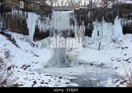 Frozen waterfalls at Minnehaha Falls in Minneapolis, Minnesota. Stock Photo