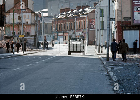 BELFAST, NORTHERN IRELAND - OCTOBER 1972. British army Saracen personnel carrier patrolling streets of Belfast during The Troubles, Northern Ireland. Stock Photo