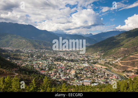 The city of Thimphu sits in the Wang Chhu river valley. Bhutan. Stock Photo