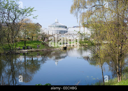 Botanical Garden in Copenhagen on a sunny day in spring with glass house Stock Photo