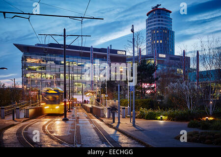 Metrolink tram stops at Media City UK in Salford Quays, home of the BBC and ITV, Granada. Stock Photo