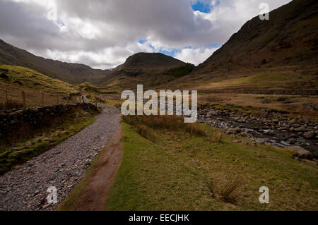 The Borrowdale Valley, with the footpath running south out of Seathwaite in the Lake District National Park. Stock Photo