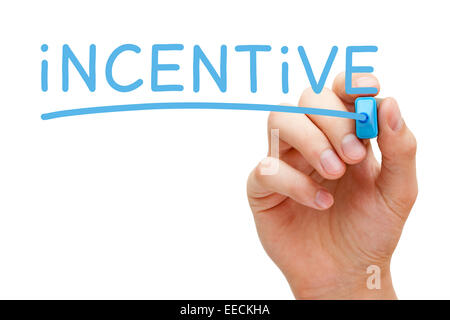 Hand writing Incentive with blue marker on transparent wipe board isolated on white. Stock Photo