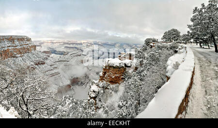 View from El Tovar Hotel of snow coating the South Rim of Grand Canyon January 14, 2015 Grand Canyon Village, AZ. Stock Photo