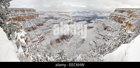 View from El Tovar Hotel of snow coating the South Rim of Grand Canyon January 14, 2015 Grand Canyon Village, AZ. Stock Photo