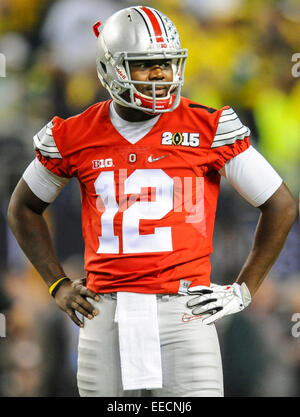 Ohio State quarterback Cardale Jones (12) during pregame warmups prior to the Buckeyes playing the Oregon Ducks in the College Football Playoff National Championship at AT&T Stadium Monday, Jan. 12, 2015, in Arlington, Texas. Stock Photo