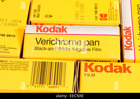 A collage of six sealed, unused, boxes of Kodak Verichrome 120 size black and white negative film. Discontinued in 2002. Stock Photo