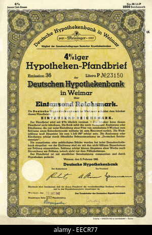 Historische Aktie, 4%iger Hypotheken-Pfandbrief der Deutschen Hypothekenbank in Weimar über 1000 Reichsmark, 1942, Deutschland, Stock Photo