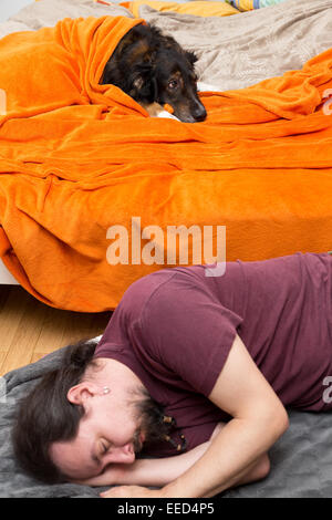 Dog in the Bed and Man sleeping on the ground Stock Photo