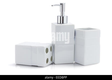 Toiletries Dispenser And Containers On White Background Stock Photo