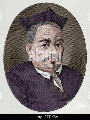 Vicente Espinel (1550-1624). Spanish writer and musician of Spanish Golden Age. Portrait. Engraving. Colored. Stock Photo
