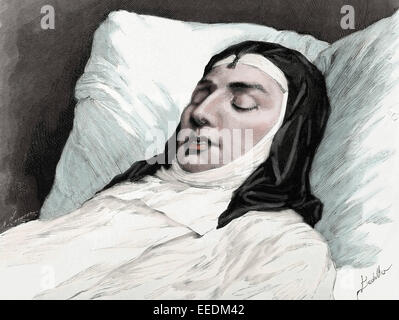 Mercedes de Orleans (1860-1878). Qeen of Spain. First wife of King Alfonso XII. Death from Typhoid fever. Deathbed. Engraving by Arturo Carretero. La Ilustracion Espanola y Americana, 1878. Colored. Stock Photo