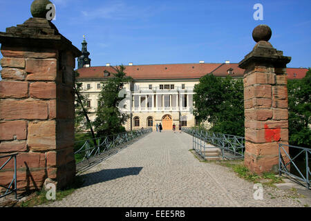 The star bridge in Weimar. The star bridge (Sternenbruecke) was built in 1654 and the city palace built 1789 on the river Ilm. In the museum castle there is an art collection of the Weimar dukes. Photo: July 26, 2014 Stock Photo