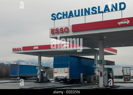 petrol station schauinsland in the south of germany: parking lorries refueling; lorry; lorries; road charge; transportation, photo: March 04, 2014. Stock Photo