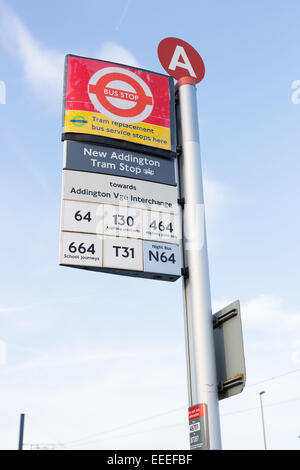 Tram replacement bus service sign at New Addington Stock Photo