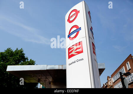 Bus, tube and rail roundels at Vauxhall Cross Stock Photo