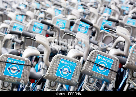 Stacks of repaired Cycle Hire bikes at Penton Street depot Stock Photo