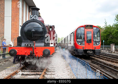 The new S Stock Metropolitan line train meets Metropolitan 1 outside of Amersham station during the Tube 150 Years celebrations Stock Photo