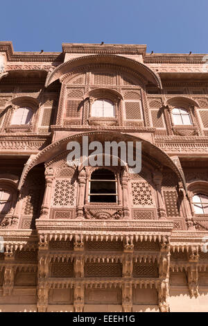 India, Rajasthan, Jodhpur, Meherangarh Fort details of the carving on sandstone Stock Photo