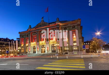 Grand Theatre or Big Theater by night with Christmas decorations, Geneva, Switzerland