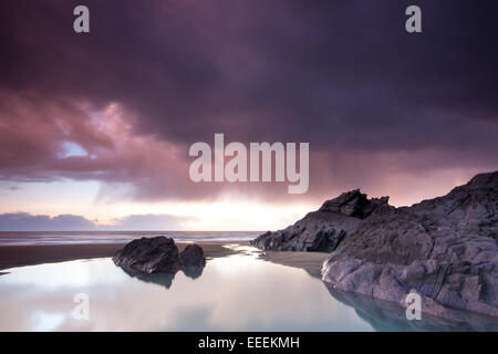 Sunset over Freathy Beach Whitsand Bay Cornwall UK Stock Photo