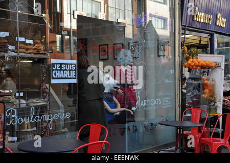 London, UK. 16th January, 2015. Charlie Hebdo sold out signs in London shops as Survivor edition goes on sale. Credit:  JOHNNY ARMSTEAD/Alamy Live News Stock Photo