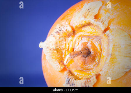 over a fruit of khaki. Macro image of a fruit. Stock Photo
