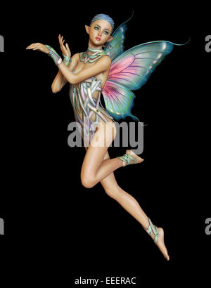 3d computer graphics of a hovering fairy with braided blue hair and butterfly wings Stock Photo