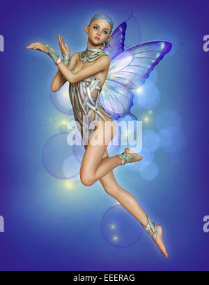 3d computer graphics of a hovering fairy with braided blue hair and butterfly wings Stock Photo