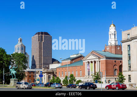 Downtown skyline from Lafayette St with The Bushnell Center for the Performing Arts in foreground, Hartford, Connecticut, USA Stock Photo
