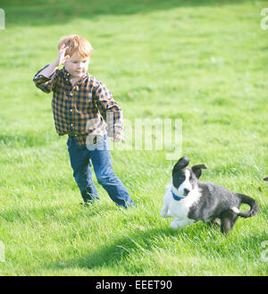 A young boy throwing a stick for a dog Stock Photo